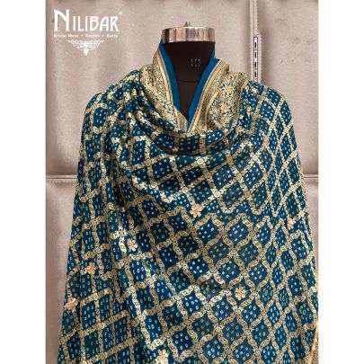Blue Embroidered Chinon Bandhani Dupatta