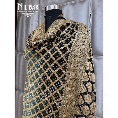 Black and Grey Embroidered Chinon Bandhani Dupatta