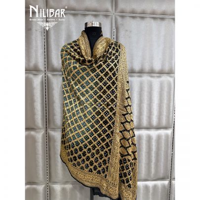 Black and Grey Embroidered Chinon Bandhani Dupatta