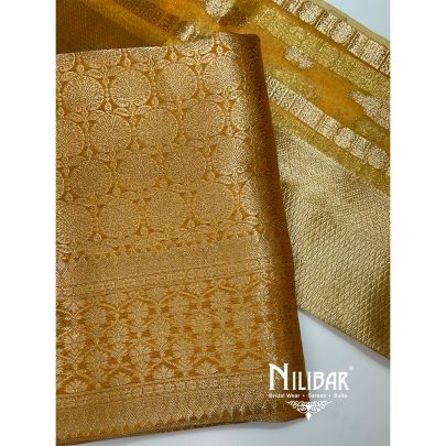 Mustard Yellow Khinkhwab Silk Unstitched Suit