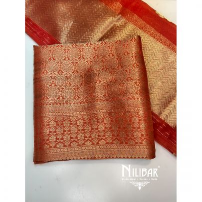 Orange Khinkhwab Silk Unstitched Suit