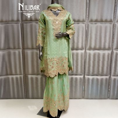 Pista Green Lame Silk Beautifully Embellished Sharara Suit