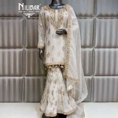 White Banarsi Silk Beautifully Embellished Sharara Suit