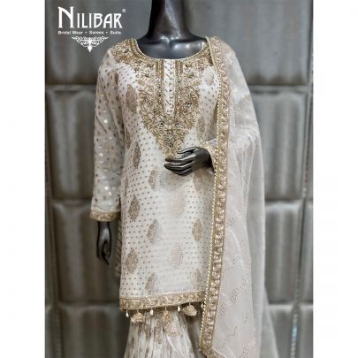White Banarsi Silk Beautifully Embellished Sharara Suit