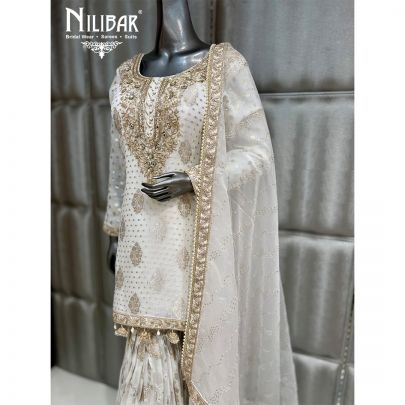 White Banarsi Silk Beautifully Embellished Sharara Suit