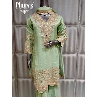 Pista Green Lame Silk Beautifully Embellished Sharara Suit
