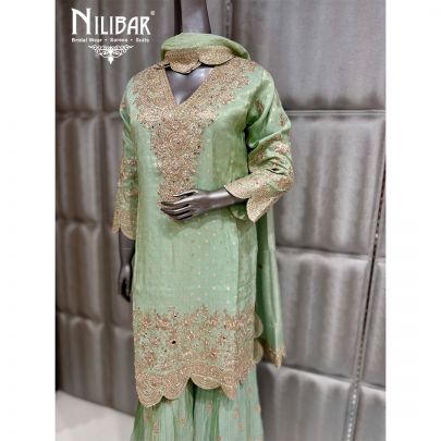 Pista Green Lame Silk Beautifully Embellished Sharara Suit