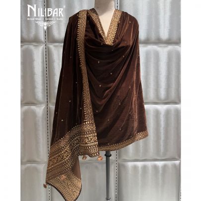 Brown Embroidered Velvet Dupatta