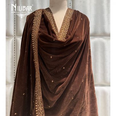 Brown Embroidered Velvet Dupatta