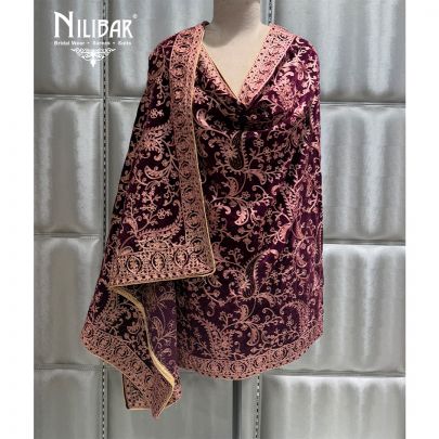 Wine Embroidered Velvet Dupatta