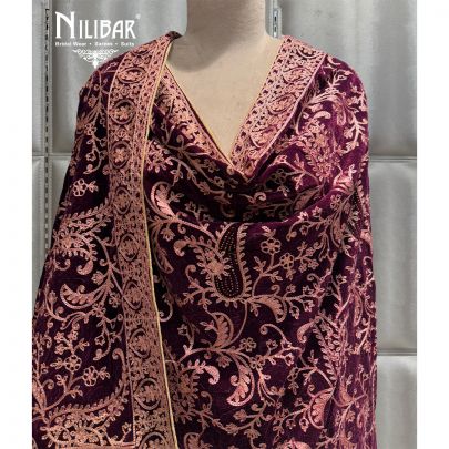Wine Embroidered Velvet Dupatta