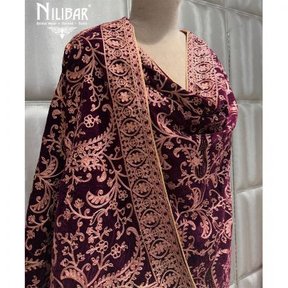 Wine Embroidered Velvet Dupatta