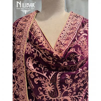Wine Embroidered Velvet Dupatta