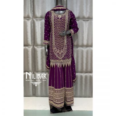 Purple Georgette Shirt Paired with Sharara and Chinnon Dupatta