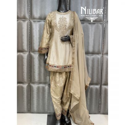 Beige Lame Silk Organza A-line Shirt Paired with Straight Salwar