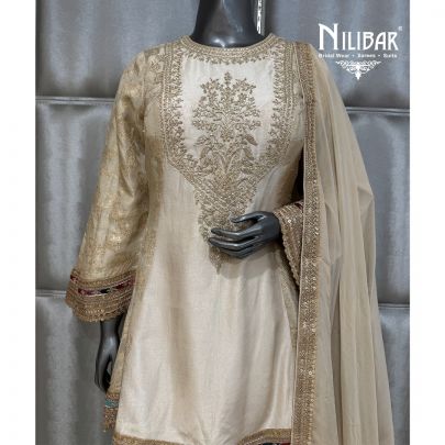 Beige Lame Silk Organza A-line Shirt Paired with Straight Salwar