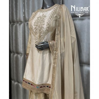 Beige Lame Silk Organza A-line Shirt Paired with Straight Salwar