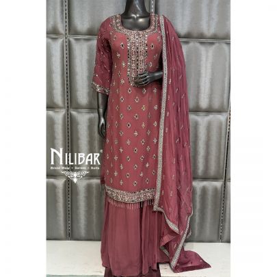 Onion Pink Silk Georgette Chinnon Shirt Paired with Palazzo & Dupatta