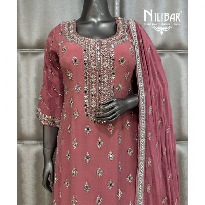 Onion Pink Silk Georgette Chinnon Shirt Paired with Palazzo & Dupatta