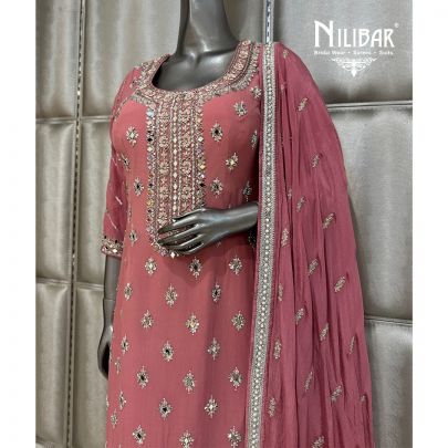 Onion Pink Silk Georgette Chinnon Shirt Paired with Palazzo & Dupatta