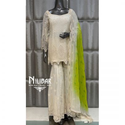 Ivory Georgette Shirt Paired with Sharara and Neon Green Dupatta