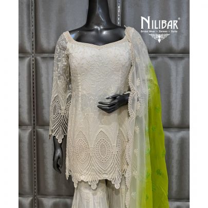 Ivory Georgette Shirt Paired with Sharara and Neon Green Dupatta
