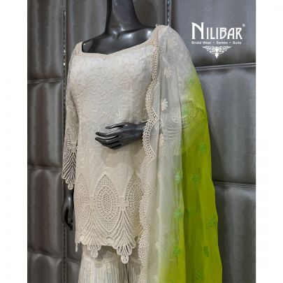 Ivory Georgette Shirt Paired with Sharara and Neon Green Dupatta