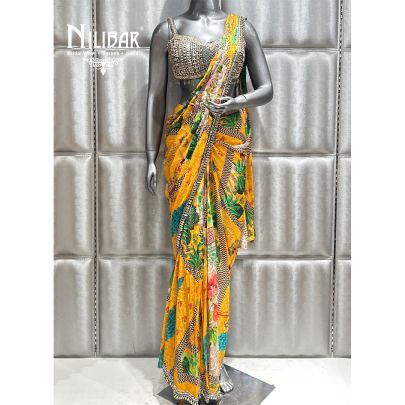 Bottle Green Silk Blouse Chinon Multicolor Printed Drape Saree