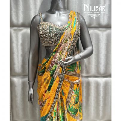 Bottle Green Silk Blouse Chinon Multicolor Printed Drape Saree