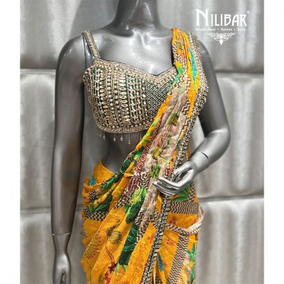 Bottle Green Silk Blouse Chinon Multicolor Printed Drape Saree