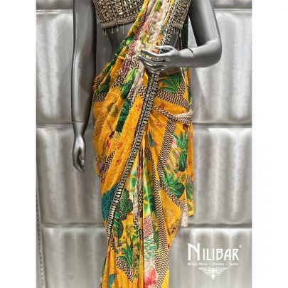 Bottle Green Silk Blouse Chinon Multicolor Printed Drape Saree