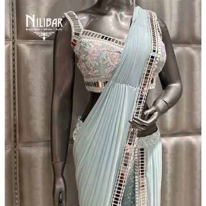 Ice Blue Georgette Garara Lycra Drape Saree