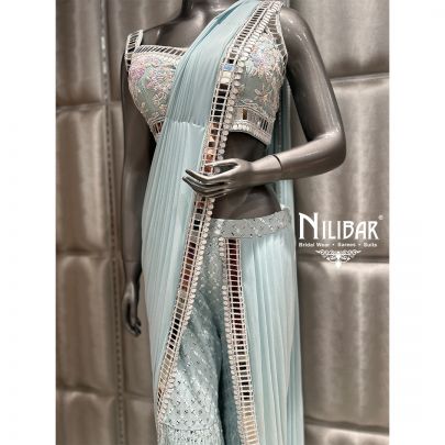 Ice Blue Georgette Garara Lycra Drape Saree