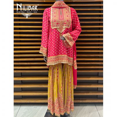 Bright Pink & Mustard Crepe Garara Suit
