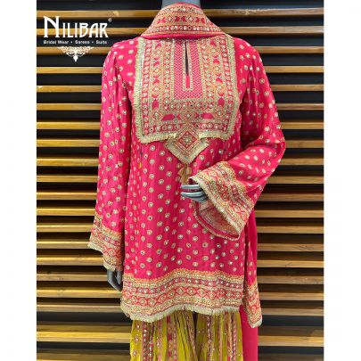 Bright Pink & Mustard Crepe Garara Suit