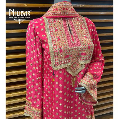 Bright Pink & Mustard Crepe Garara Suit