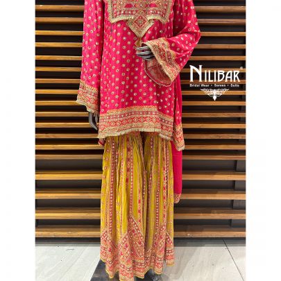 Bright Pink & Mustard Crepe Garara Suit