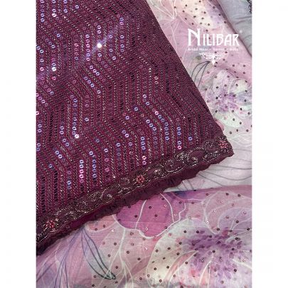 Wine Georgette Unstitched Suit With Organza Dupatta