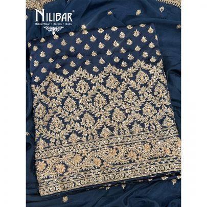 Dark Blue Satin Unstitched Suit With Chinon Dupatta