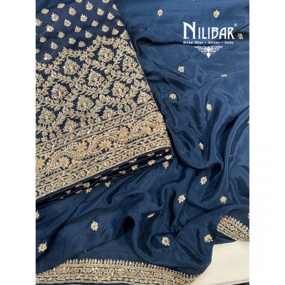 Dark Blue Satin Unstitched Suit With Chinon Dupatta