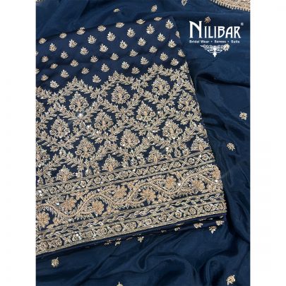Dark Blue Satin Unstitched Suit With Chinon Dupatta