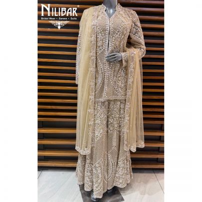 Beige Gold Net Short Shirt Paired With Loose Pants & Heavy Embroidered Dupatta