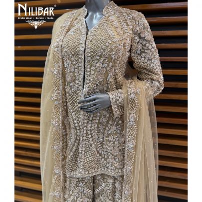 Beige Gold Net Short Shirt Paired With Loose Pants & Heavy Embroidered Dupatta