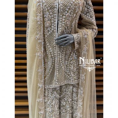 Beige Gold Net Short Shirt Paired With Loose Pants & Heavy Embroidered Dupatta