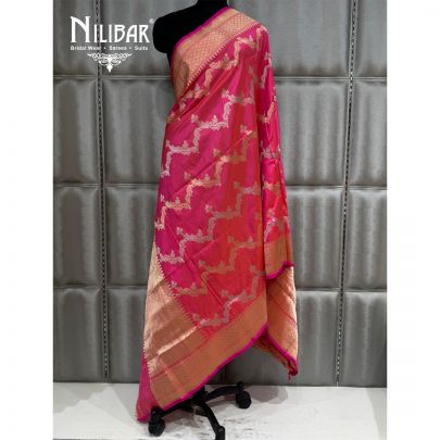 Neon Pink Silk Dupatta With Self Banarsi Work