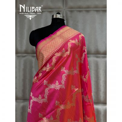 Neon Pink Silk Dupatta With Self Banarsi Work