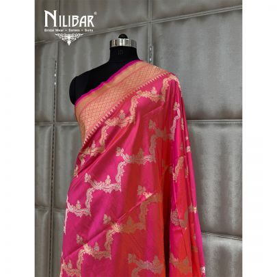 Neon Pink Silk Dupatta With Self Banarsi Work