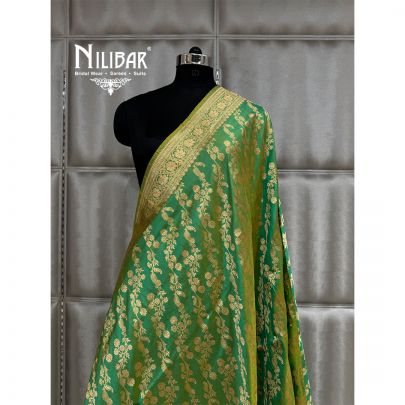 Parrot Green Silk Dupatta With Self Banarsi Work