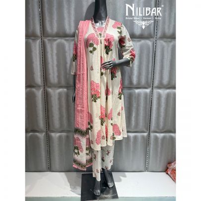 Cream Cotton Printed Kurti Set