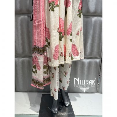 Cream Cotton Printed Kurti Set